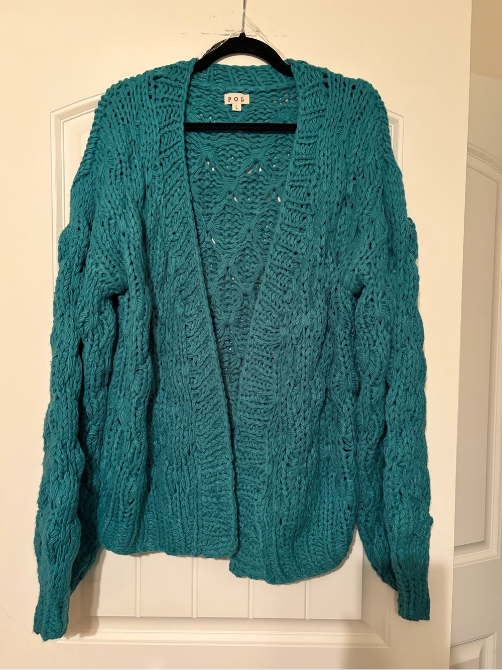 POL Teal Chunky Cable Cardigan Open Front